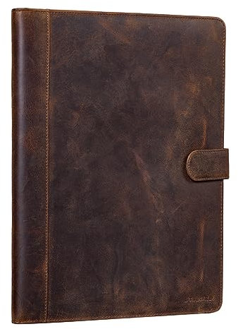 STILORD 'Lennon' Konferenzmappe Leder für 12,9 Zoll iPads Aktenmappe Dokumentenmappe DIN A4 Schreibmappe Vintage Echtleder, Farbe:Sepia - braun