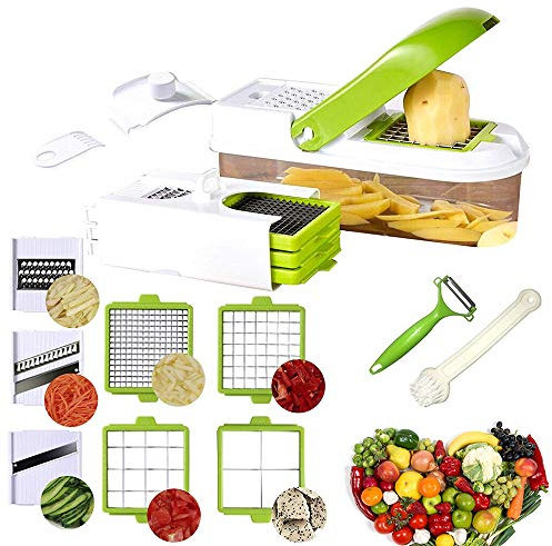 Gemüsehobel, Lebensmittelhacker Cutter Zwiebelschneider Dicer, Veggie Slicer Manueller Mandolinenschneider, Multifunktionsreibe mit Containerschaber Kompaktes Design & weicher Griff