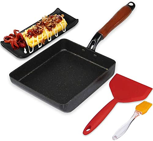 Artcome padella giapponese per omelette con rivestimento antiaderente Tamagoyaki Egg Pan rettangolare, con spatola e pennello in silicone, piastra nera e gomma magica, 17,8 x 15,2 cm (nero)