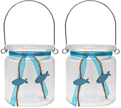 ZauberDeko Windlicht Glas Kommunion Konfirmation Tischdekoration Petrol Fisch Isaak 2 Stück