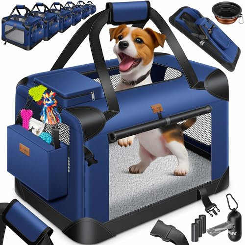 LOVPET® Transportbox Hund Katze Transporttasche M 60x42x44cm | Hunde-Tragetasche Faltbare Katzentasche | Haustier-Transportbox inkl. Hundenapf & Schultergurt | für Katzen & Hunde Navyblau