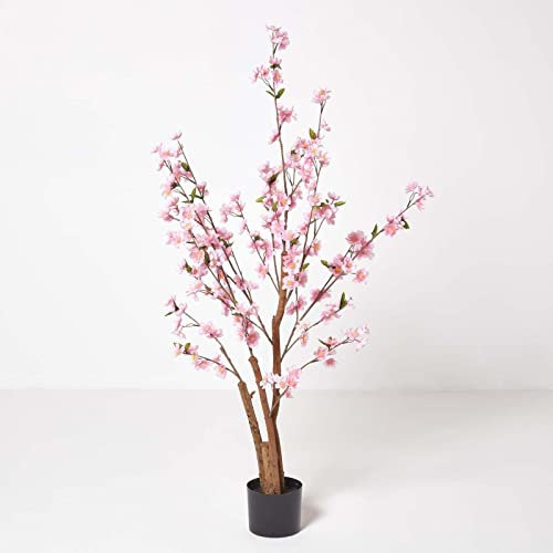 HOMESCAPES Rosa Blütenbaum 130 cm groß, dekorativer Kunstbaum mit Blüten und Echtholz-Stamm