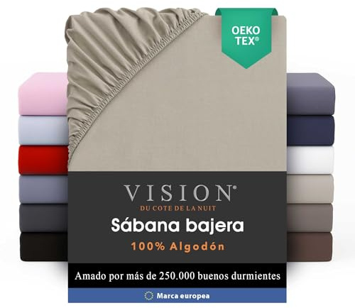 VISION Spannbettlaken – 100% Baumwolle – Doppelbett (150 x 200 cm) – Elastische Ecken – Passend für Matratzen bis zu 30 cm – Öko-Tex-Zertifizierung – Maschinenwaschbar – Farbe: Beige