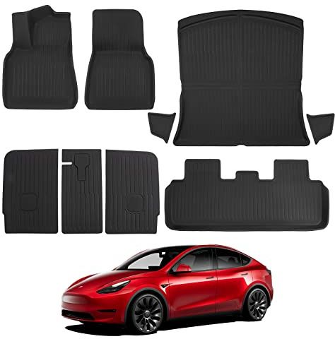 BASENOR 2025 Tesla Model Y Fußmatten 3D Komplettset Allwetter-Anti-Rutsch wasserdichte Kofferraummatte Zweite Sitzreihe Rückenabdeckung Schutzmatte Zubehör Kompatibel 9er-Set (passend für 5-Sitzer)