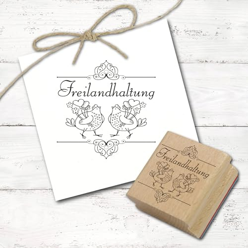 Stempel Freilandhaltung - Hühner mit Herzen Vintage Ornament - Motivstempel für Eierkarton Eierverpackung Eierschachtel - ca. 68 x 68 mm Natur