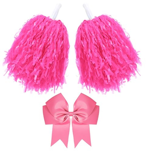 Hotop 10 Inch Cheerleading Pom Poms with Hair Bow Set,Pink,Classic