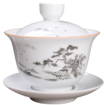 Woonsoon Jingdezhen - Tazza da tè in porcellana cinese Gaiwan, realizzata a mano, 200 ml, smaltata bianca, con coperchio Sancai cinese, ciotola, tazza per labbra, piattino, set tradizionale da tè