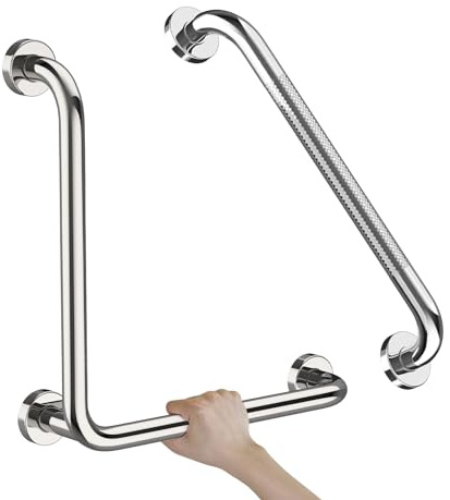 Polished Chrome L-Shaped Grab Bar 16x16 Inch + Knurled Shower Grab Rail 20 Inch, Zepolu Stainless Steel Angled Toilet Safety Bar, Bathroom Mobility Aid Handrail, Balance Support Assist Bar for Senior