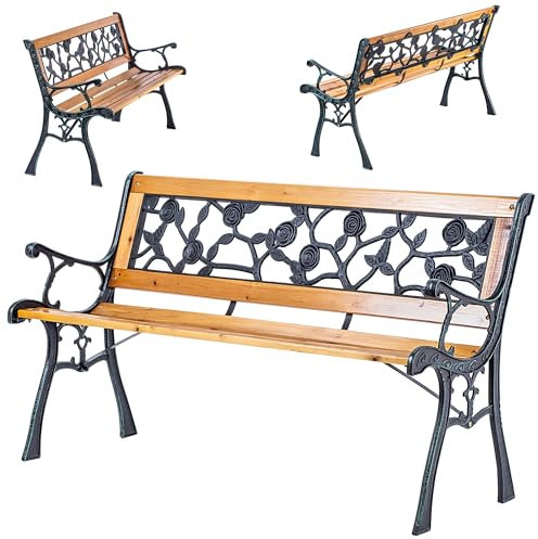 KADAX Gartenbank aus Holz und Gusseisen, 2-Sitzer Holzbank mit Armlehnen & Rückenlehne, Sitzbank, Parkbank, Außenbank für Balkon, Garten, Terrasse (Braun/Rosenmuster)