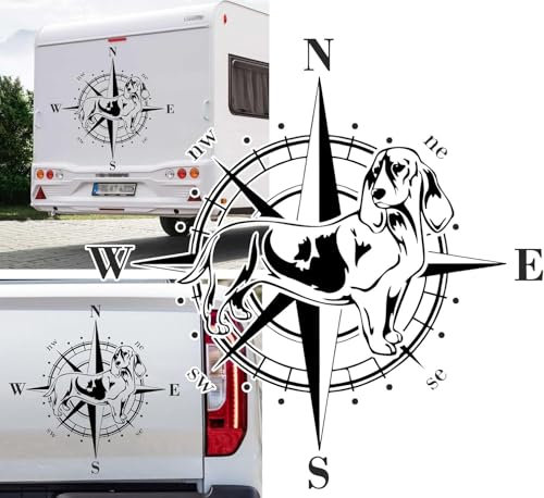 Rakelfix Autocollant boussole Basset Artésia Normand Taille et couleur au choix Chien Camper camping-car Autocollant pour voiture Motif boussole rose des vents