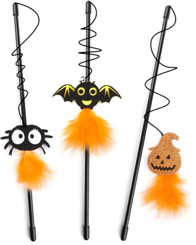 ARFUKA 3 Stück Katzenspielzeug Interaktives Katzenspielzeug Intelligenz Federspielzeug mit Anhänger Feder Glocke und Halloween Elementen
