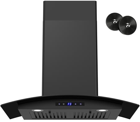 FIREGAS Range Hood 30 inch, 600 CFM Wall Mount Glass Kitchen Hood Ducted/Ductless Convertible with 3-Speed Fan, Screen Control, Time Setting, LED Lights, Black Painted Stainless Steel Vent Hood