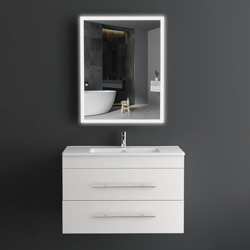 Alpenberger Badezimmerschrank mit Spiegel | Waschbeckenunterschrank Hängend mit 2 Schubladen | Waschbecken mit Unterschrank | Badspiegel mit Beleuchtung | Badezimmer Set (Weiß, 80 cm breit)