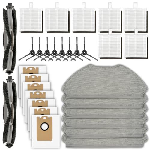 (30 pièces) T20+ T25+ T30+ Pièces de rechange accessoires pour aspirateur robot Airrobo T20+ T25+ T30+, 2 brosses rotatives, 8 brosses latérales, 7 sacs à poussière, 7 filtres HEPA, 6 serpillères