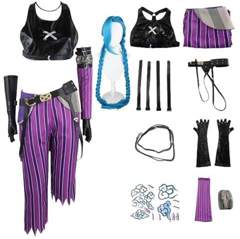 HSJZBQSM Arcanejinx Cosplay-Kostüm mit Perücke und Tattoo-Aufklebern. Komplettes Halloween Jinxarcane Damen-Cosplay-Kostüm-Set (A+Wig, L)