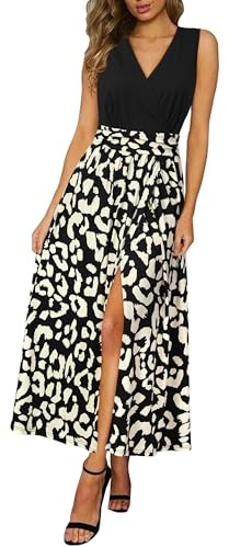 Newshows Dam sommar 2025 maxiklänning semester blommig spagettirem vår vardag boho delad strand lång blommig solklänning, 5121-svart aprikos leopard, S