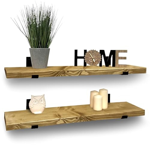 MKGT Handcrafted Rustic Wooden Floating Shelves, Solid Wood, Black L Brackets, Made in UK – Wall Mounted Shelf (Dark Oak Set of 2, 60cm)