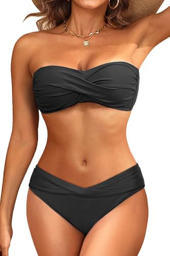 Women's Black Strapless Bandeau Bikini Set - Twist Front Two Piece Swimsuit Tube Top with Side Tie Bathing Suit Bottom M