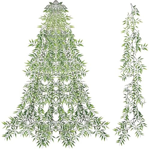 FOSDICK 2 PCS Artificial Bamboo Plant Garland, 180cm Green Leaves Fake Plants Faux Bamboo Garland Artificial Hanging Plant Greenery Vines for Wedding, Party, Garden, Office, Bedroom Decoration