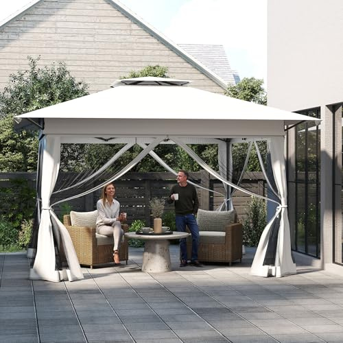 XMTECH Trädgårdspaviljong 4 x 4 m vattentät, popup hopfällbar paviljong med dubbelt tak och 4 myggnät, UV-skydd, vindtät, justerbar höjd i 3 steg, robust ram och 210D oxfordtyg, vit