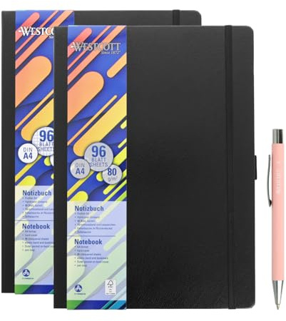 Westcott Notizbuch DIN A4 kariert (2er-Set) inkl. PRIMESOFT Premiumkugelschreiber | 2 x 192 Seiten im Hardcover | 80 g/m² FSC-Papier | Innentasche, Lesezeichen, Gummizug, Stifthalter | E-744829 00