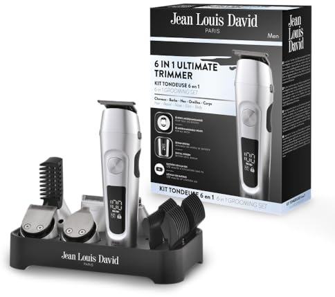 Jean Louis David skäggvårdsset för män, 6-i-1 – hårklippare, skägg, näsa, öron, kropp – blad av rostfritt stål – litiumjonbatteri – bas för förvaring, USB-laddare – multifunktionsset