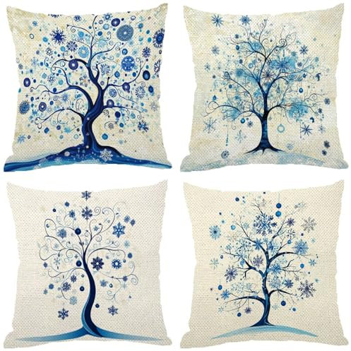 Fodere Cuscini da Esterno Impermeabili, Albero Federe Cuscini Divano 70x70 Quadrate Set di 4, Doppia Faccia Stampa Lino Cushion Covers Blu Cerniera Invisibile per Aesthetic Room Decor, Regalo Z-798