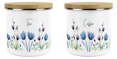 Purely Home Blooming Lovely Floral Tea & Coffee Canisters Set - Purple Flowers Patterned Kitchen Gifts - Medium Metal Enamel Storage Containers 2 Pack