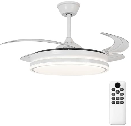 Parrot Uncle Ventilador de Techo con Luz y Aspas Retráctiles, 36W, Motor DC Silencioso, Diámetro 106cm, Función Verano e Invierno, 6 Velocidades, Programable, Mando a Distancia, Blanco -Circulo