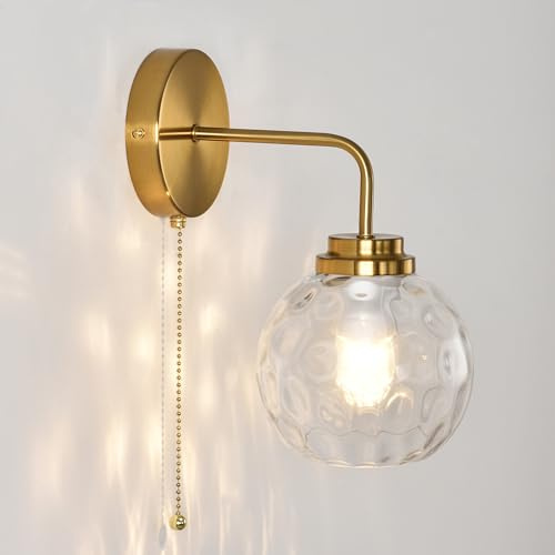 OURLOVEII Glas Wandleuchten für Innen, Gold Glaskugel Wandlampe mit Schalter, Moderne Wandleuchtes Schlafzimmer aus Glaskugel Lampenschirm Ø15CM, E27 Goldene Badezimmer Wandlampen (1 Stück Gold)