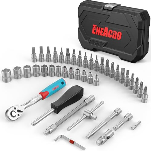 ENEACRO Juego de Carraca 46 Piezas con Llaves de Vaso 1/4, Vasos, Extensiones, Bits, Acero Cromo-Vanadio, Maletín Incluido - Juego Carraca Completo