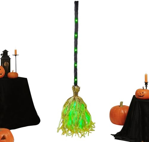Decoración de escoba de Halloween, decoración de escobas de Halloween con LED verde, suministros espeluznantes con diseño de luz LED para casa, fiesta, porche, hogar, patio, pared exterior, habitación
