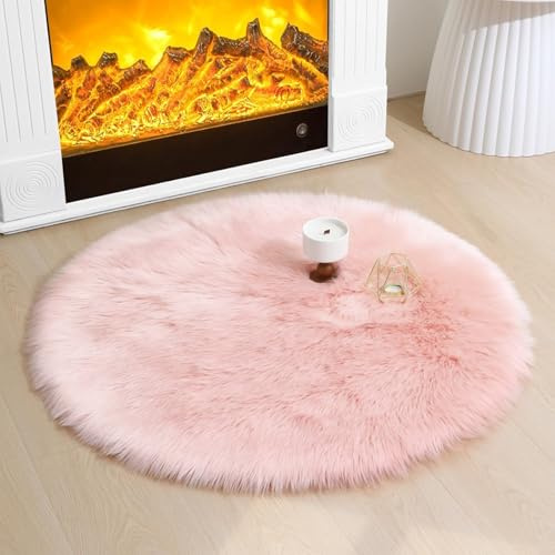 AMFUN 90CM Alfombra de Piel de Oveja Sintética, Rosa Alfombra Shaggy, Alfombras Redonda, Alfombra Antideslizante Muy Suave para Recámara, Sofá, Suelo