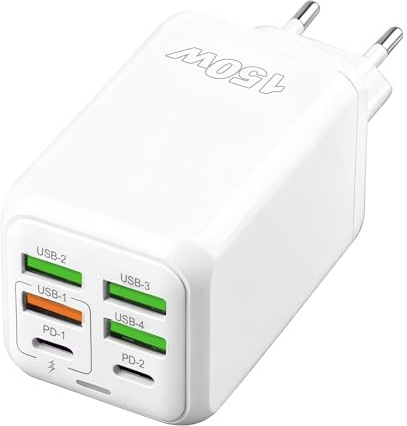 Chargeur USB Multiple Rapid 150W 6 Ports (2 USB-C PD + 4 USB-A QC) Station de Charge Rapide Multi-Ports Compatible avec iPhone 15/14/13/12/11 Samsung iPad Chargeur USB-C Rapide Universel Maison Bureau