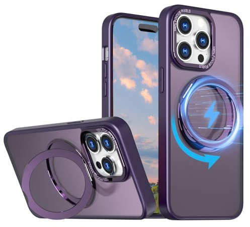 XKchatpt Mag-Stand 360° Rotatable Ring Magnetic Case for iPhone 15 pro;［Supports wireless charging］Transparent Hard Silicone Shockproof Cover with Ring Holder for iPhone 15 pro(Purple)