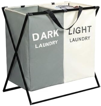 Weida Cesto para la Ropa Sucia con Compartimento | Estructura con Barras de Hierro Resistente | Organización Práctica para Baño, Lavadero o Dormitorio | Funcional (2 Compartimientos 55cm-52cm-33cm)