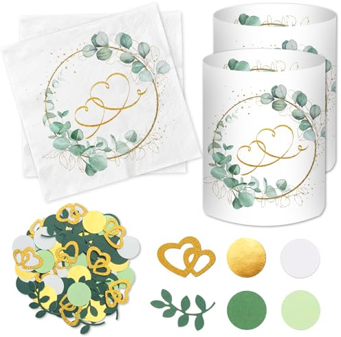 20 Stück Servietten Hochzeit + 12 Windlicht Tischdeko Hochzeit + 100 Konfetti Streudeko, Eukalyptus Hochzeitsdeko Tisch Grün Gold, Hochzeitstag Deko Set