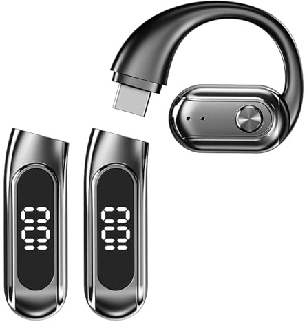 Single Open Ear Bluetooth Headset with 2 Swappable Batteries, Wireless Handsfree Phone Earpiece IPX7 Waterproof Earphones Over Ear Piece Hands Free Headset with Mic for iPhone Android Office Sports