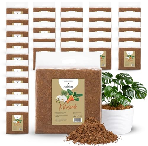 Allkokos 30x650g hochwertige Kokos-Erde für Pflanzen & Blumen | Block quillt direkt in der Verpackung auf ca. 10l Blumenerde auf, torffreies Kokos-Substrat für Kräuter, Gemüse & Blumen