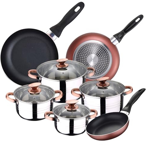 Batería de Cocina 4 cacerolas (1,9L + 2,7L + 3,5L + 5,1L) con 4 Tapas de Vidrio y 3 sartenes Ø16Ø20Ø24 en Acero Inoxidable apta para inducción