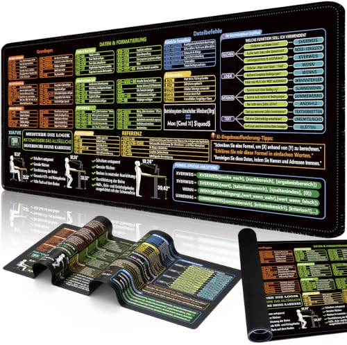 Schreibtischunterlage Excel mauspad Deutsch,900 x 400mm mauspad xxl,mit XLOOKUP & AI Anleitung Anti-Rutsch schreibtisch unterlage,büro gadgets,Perfektes Büro Gadget für Finanzen & Controlling