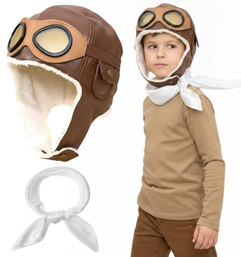 Pilot Costume Accessories Set, Brown Aviator Hat for Kids Boys Girls | Goggles and White Scarf Fancy Dress Cap for World Book Day Halloween Party