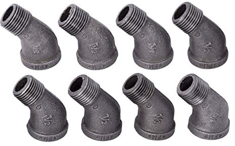 1/2 Street Elbow 45 Degree Fitting, PIPE DECOR Black Malleable Iron Fittings Fit Standard 1/2 Inch Pipes, Nipples and Fittings, Regular Plumbing Applications and Vintage DIY Furniture, 8 Pack