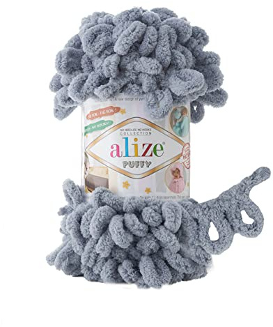 100g Strickgarn Alize Puffy, patentierte Neuheit, Schlaufen-Stricken ohne Nadeln, Farbe:428 blaugrau