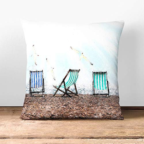 Big Box Art Deckchairs on Brighton Beach Painting - Cushion Cover Throw Pillow with Insert for Sofa Chair Bed - White Rear - 40x40 cm
