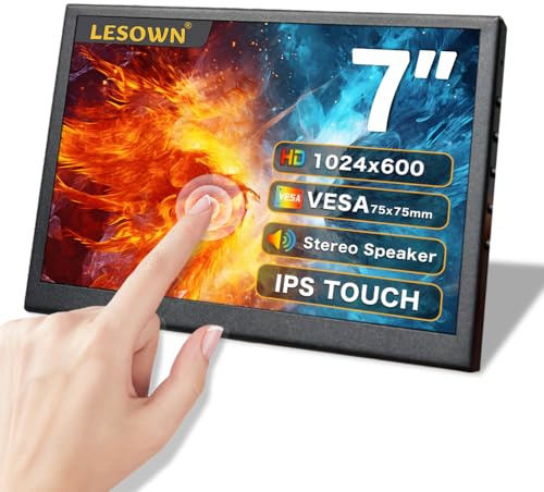 LESOWN 7inch Touch IPS Portable Monitor with Dual Speakers, Audio Jack, 1024x600 Capacitive Touchscreen Metal Case, HDMI USB Computer Display for Windows Raspberry Pi Ubuntu Mac, Drive-Free