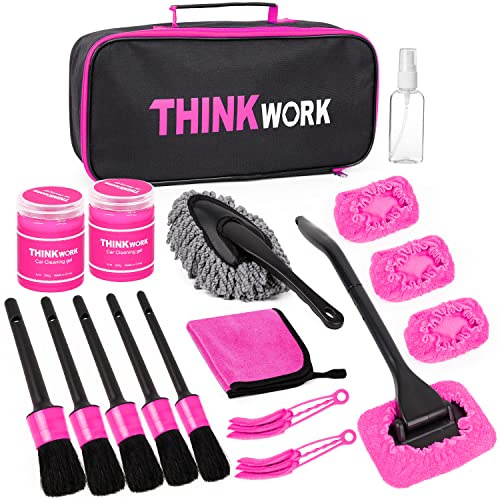 THINKWORK Auto Reinigungsset, 17 Stück Auto Reinigung Detailing Pinsel Set, Autopflege Set für Innen und außen Reinigung von Auto Fenstern, Armaturenbrett, Lüftungsschlitze (Rosa)