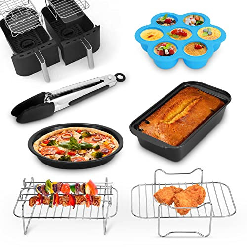 6Pcs Heißluftfritteuse Zubehör, Airfryer Zubehör Set für Ninja Foodi AF300EU, AF400EU, 7,6-9,5L Silikonform Dual Zone Heißluftfritteusen Zubehör mit Backform, Pizza Pan, Grillrost, Dämpfen Rack