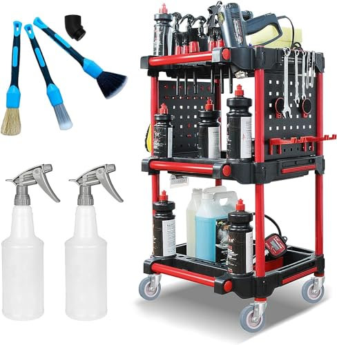 Werkzeugwagen mit Rollen, 3 Etagen Metall Werkzeugtrolley mit Seitlichen Aufhängeplatten, Haken, Sprühflaschen und Detaillierungsbürsten, Werkstattwagen, Montagewagen, Tragkraft 200kg, 570x500x920mm