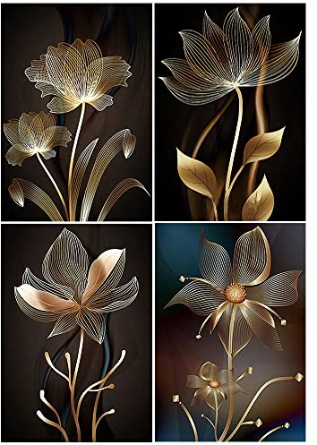 DCIDBEI Diamond Painting Kits 4 Pack Blumen Schwarz Gold 30x40 cm | Malen nach Zahlen Diamant Painting Bilder Erwachsene Modern Diamond Painting Blume Schwarz Gold Diamond Painting Buddha Lotus
